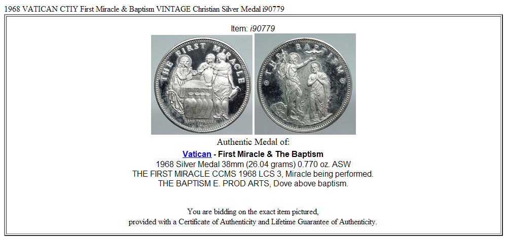 1968 VATICAN CTIY First Miracle & Baptism VINTAGE Christian Silver Medal i90779