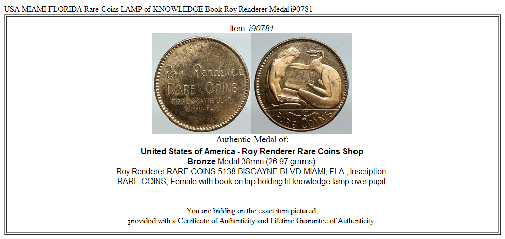 USA MIAMI FLORIDA Rare Coins LAMP of KNOWLEDGE Book Roy Renderer Medal i90781