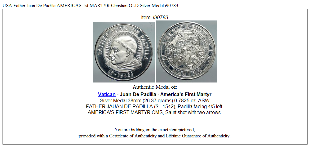 USA Father Juan De Padilla AMERICAS 1st MARTYR Christian OLD Silver Medal i90783