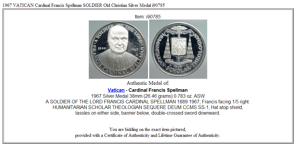 1967 VATICAN Cardinal Francis Spellman SOLDIER Old Christian Silver Medal i90785