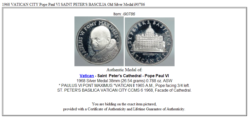 1968 VATICAN CITY Pope Paul VI SAINT PETER'S BASCILIA Old Silver Medal i90786