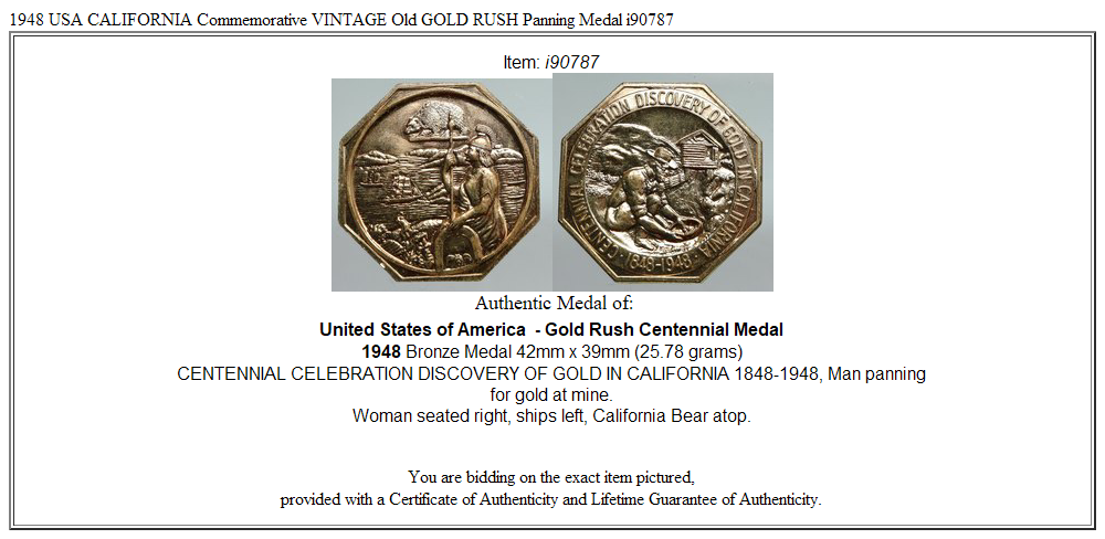 1948 USA CALIFORNIA Commemorative VINTAGE Old GOLD RUSH Panning Medal i90787