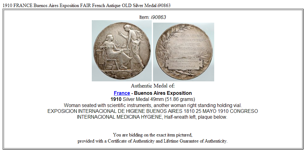 1910 FRANCE Buenos Aires Exposition FAIR French Antique OLD Silver Medal i90863