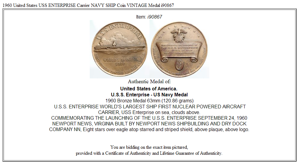 1960 United States USS ENTERPRISE Carrier NAVY SHIP Coin VINTAGE Medal i90867