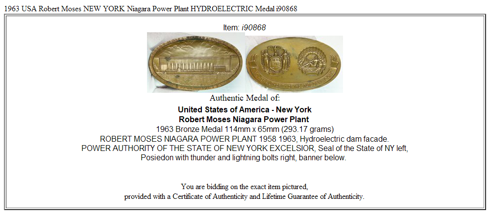 1963 USA Robert Moses NEW YORK Niagara Power Plant HYDROELECTRIC Medal i90868