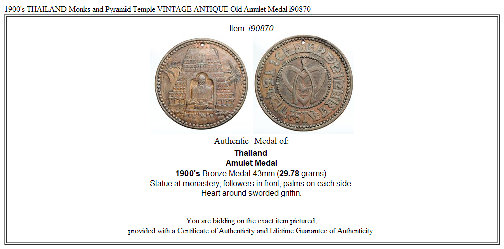 1900's THAILAND Monks and Pyramid Temple VINTAGE ANTIQUE Old Amulet Medal i90870