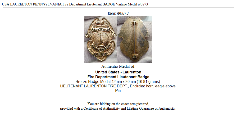 USA LAURELTON PENNSYLVANIA Fire Department Lieutenant BADGE Vintage Medal i90873