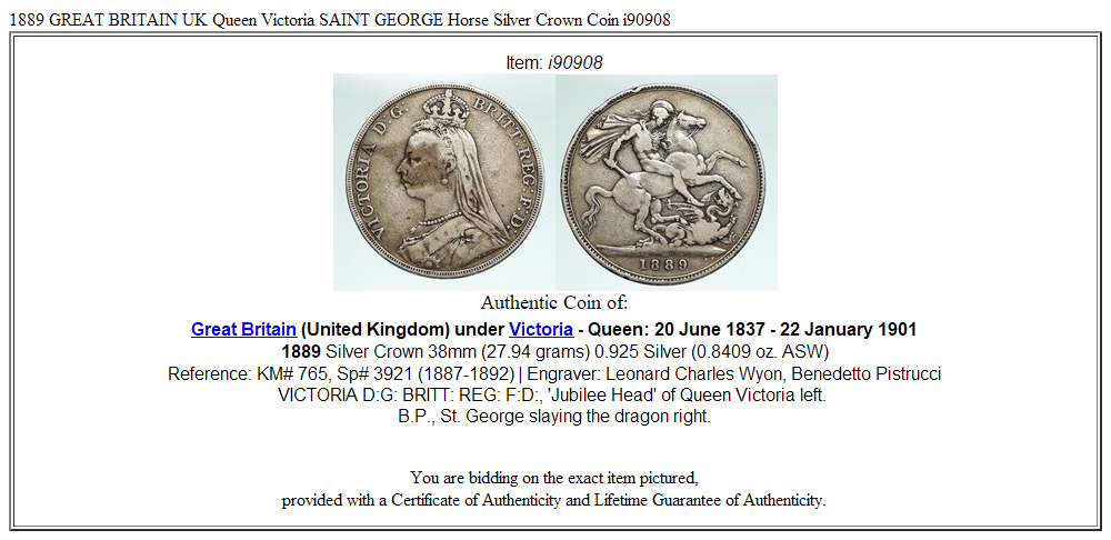 1889 GREAT BRITAIN UK Queen Victoria SAINT GEORGE Horse Silver Crown Coin i90908