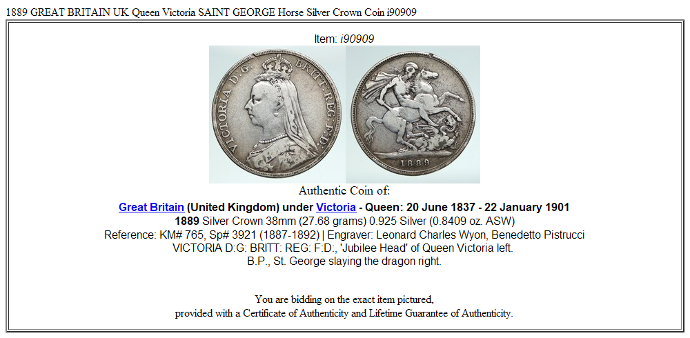 1889 GREAT BRITAIN UK Queen Victoria SAINT GEORGE Horse Silver Crown Coin i90909