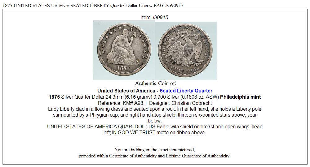 1875 UNITED STATES US Silver SEATED LIBERTY Quarter Dollar Coin w EAGLE i90915
