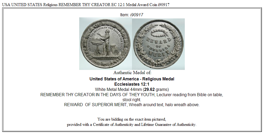 USA UNITED STATES Religious REMEMBER THY CREATOR EC 12:1 Medal Award Coin i90917