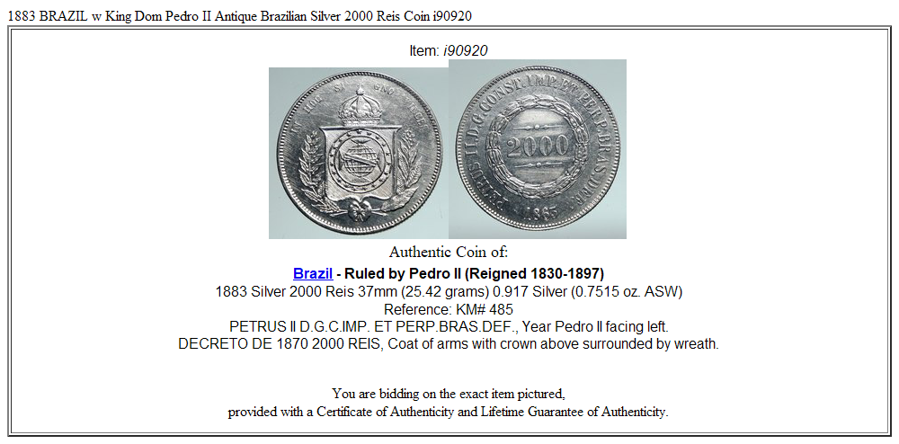 1883 BRAZIL w King Dom Pedro II Antique Brazilian Silver 2000 Reis Coin i90920