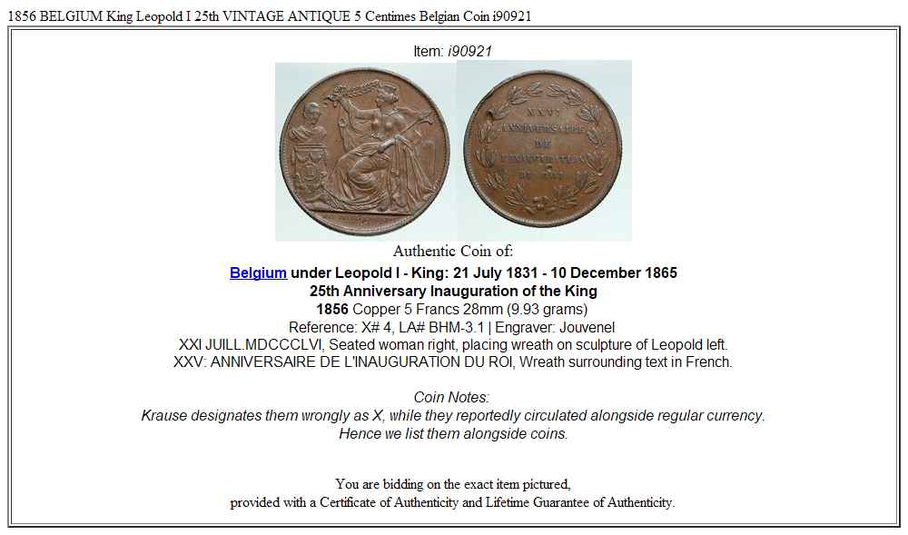 1856 BELGIUM King Leopold I 25th VINTAGE ANTIQUE 5 Centimes Belgian Coin i90921