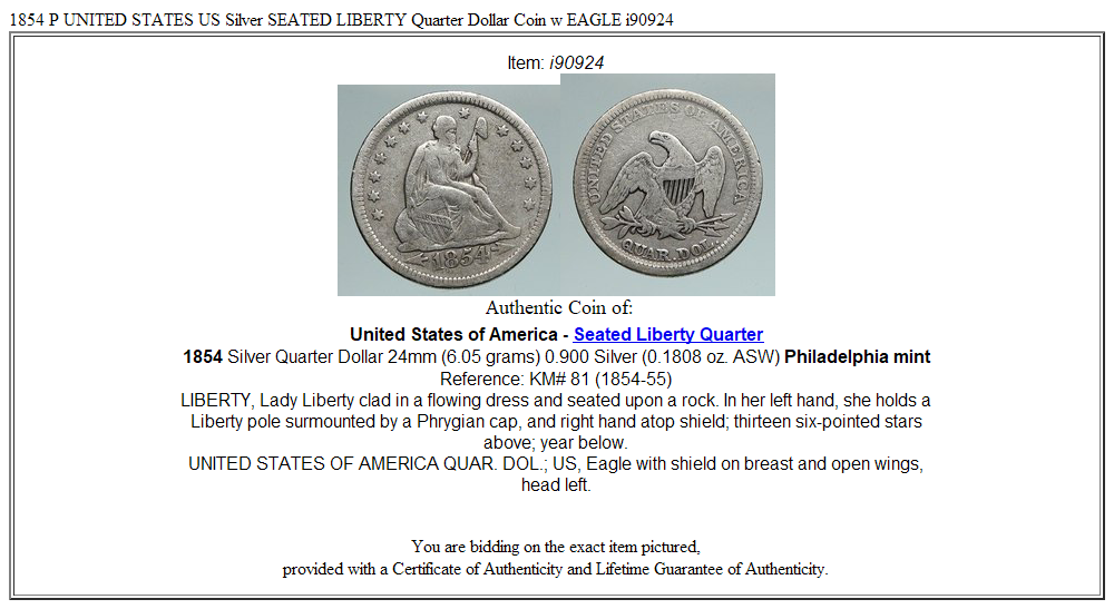 1854 P UNITED STATES US Silver SEATED LIBERTY Quarter Dollar Coin w EAGLE i90924