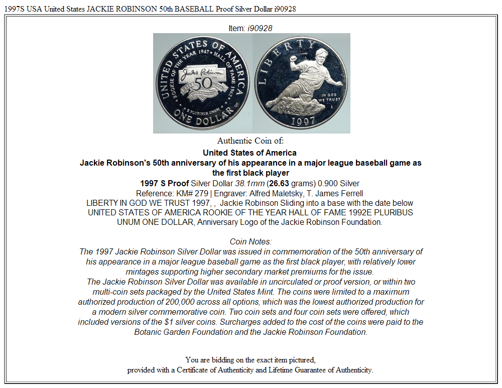 1997S USA United States JACKIE ROBINSON 50th BASEBALL Proof Silver Dollar i90928