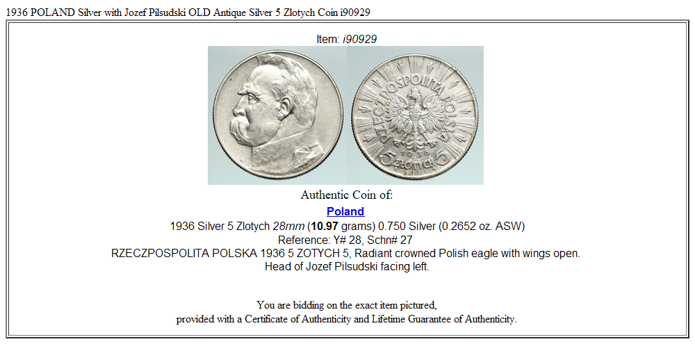 1936 POLAND Silver with Jozef Pilsudski OLD Antique Silver 5 Zlotych Coin i90929