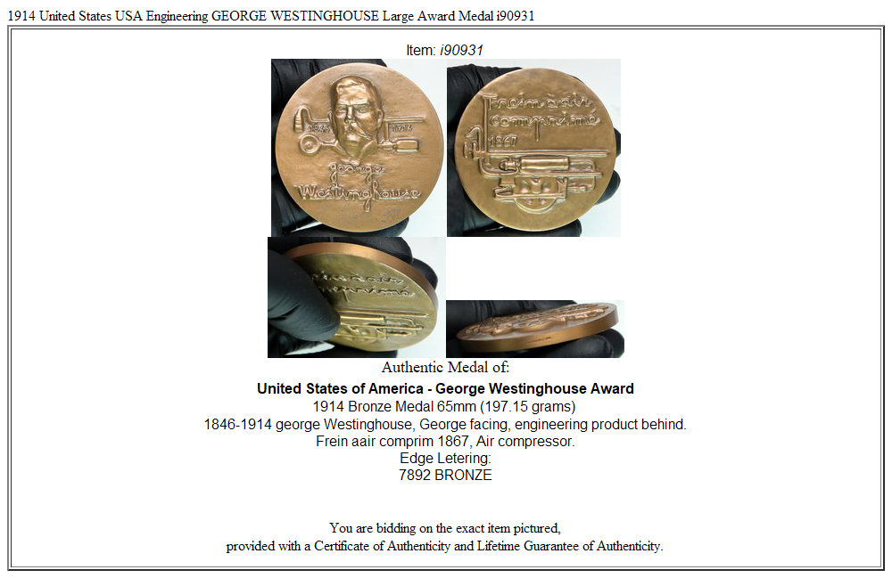 1914 United States USA Engineering GEORGE WESTINGHOUSE Large Award Medal i90931