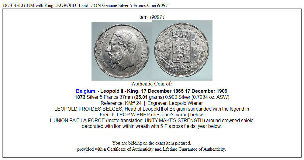 1873 BELGIUM with King LEOPOLD II and LION Genuine Silver 5 Francs Coin i90971