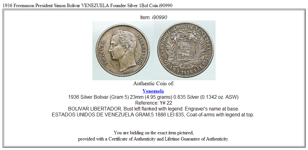 1936 Freemason President Simon Bolivar VENEZUELA Founder Silver 1Bol Coin i90990