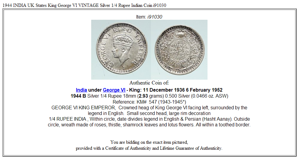 1944 INDIA UK States King George VI VINTAGE Silver 1/4 Rupee Indian Coin i91030