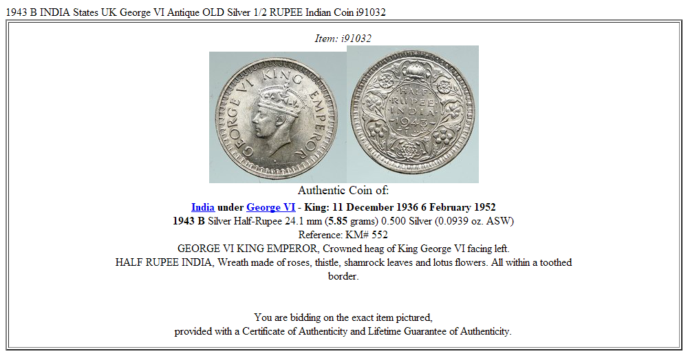 1943 B INDIA States UK George VI Antique OLD Silver 1/2 RUPEE Indian Coin i91032