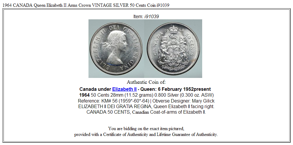 1964 CANADA Queen Elizabeth II Arms Crown VINTAGE SILVER 50 Cents Coin i91039