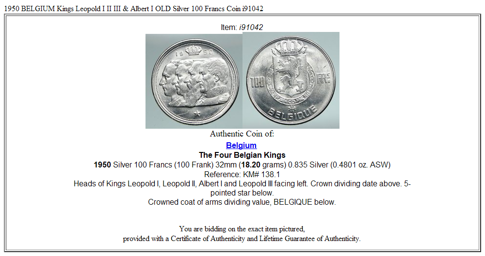 1950 BELGIUM Kings Leopold I II III & Albert I OLD Silver 100 Francs Coin i91042