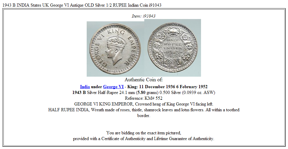 1943 B INDIA States UK George VI Antique OLD Silver 1/2 RUPEE Indian Coin i91043