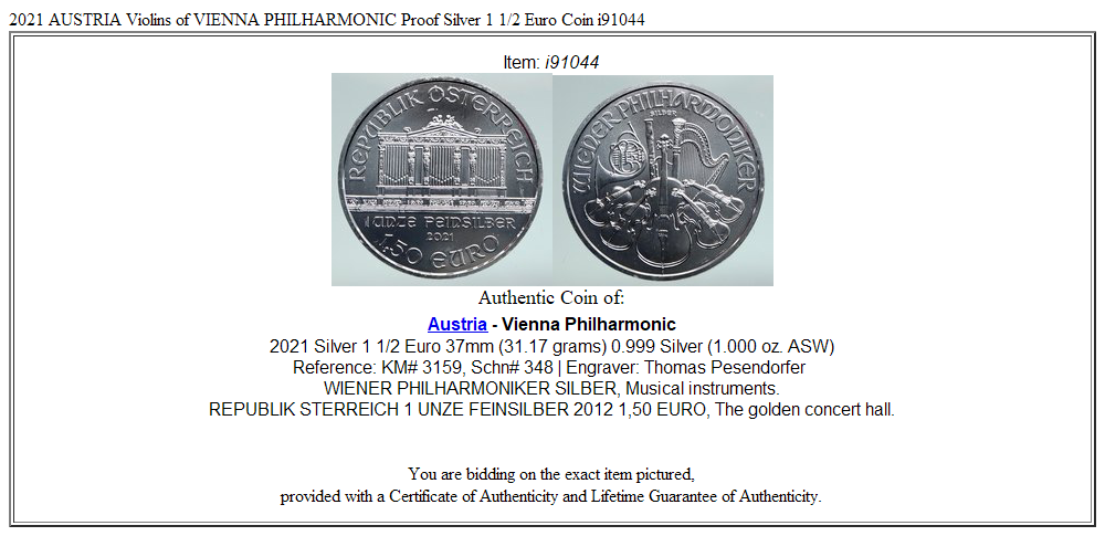 2021 AUSTRIA Violins of VIENNA PHILHARMONIC Proof Silver 1 1/2 Euro Coin i91044