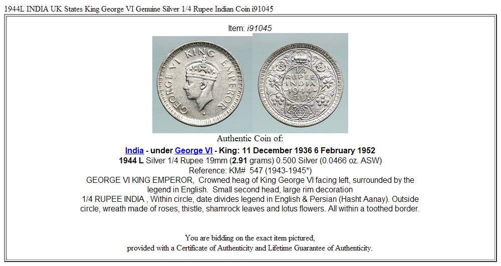 1944L INDIA UK States King George VI Genuine Silver 1/4 Rupee Indian Coin i91045