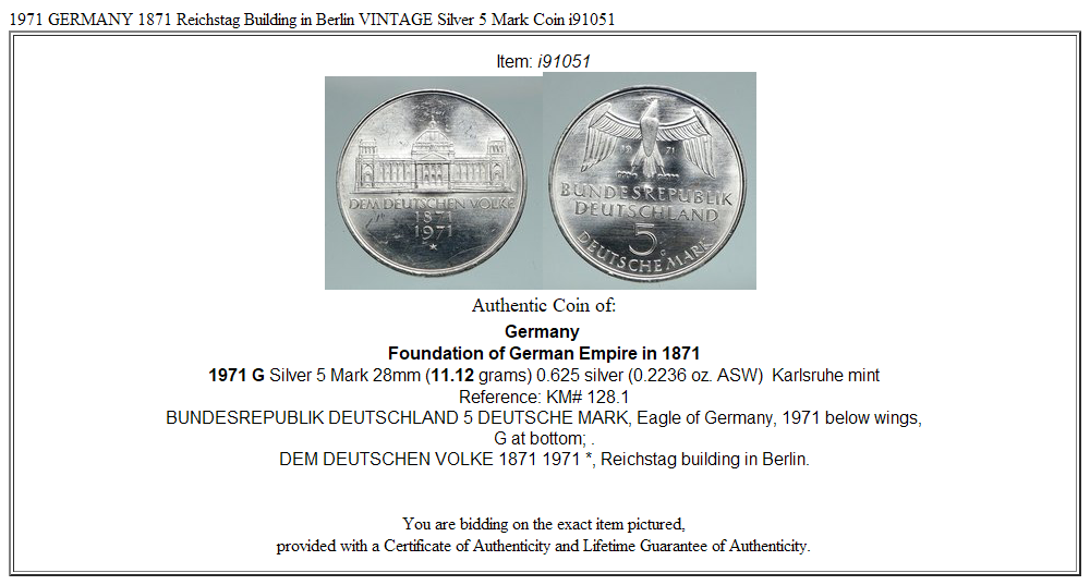 1971 GERMANY 1871 Reichstag Building in Berlin VINTAGE Silver 5 Mark Coin i91051