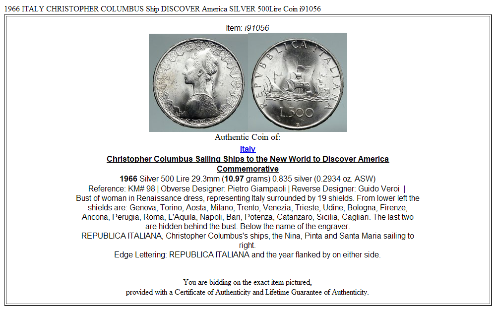 1966 ITALY CHRISTOPHER COLUMBUS Ship DISCOVER America SILVER 500Lire Coin i91056