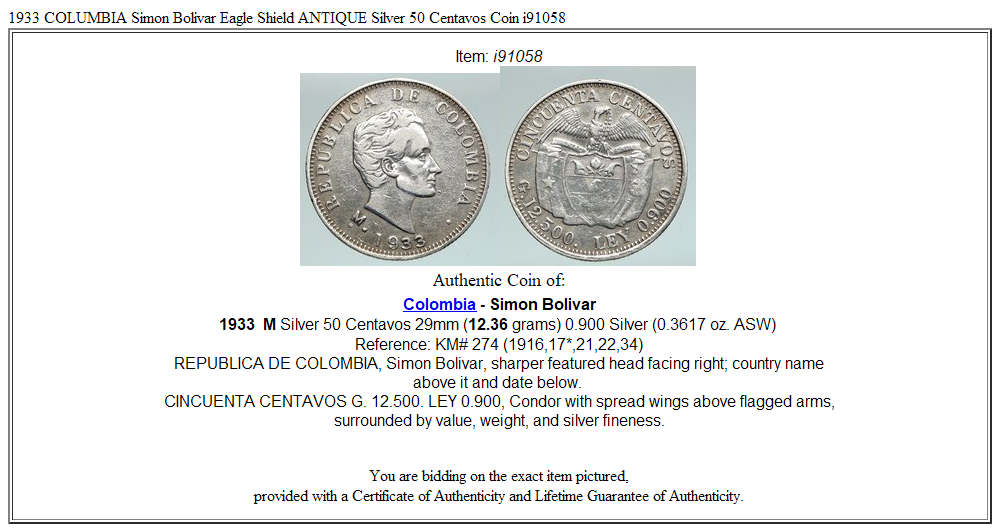 1933 COLUMBIA Simon Bolivar Eagle Shield ANTIQUE Silver 50 Centavos Coin i91058