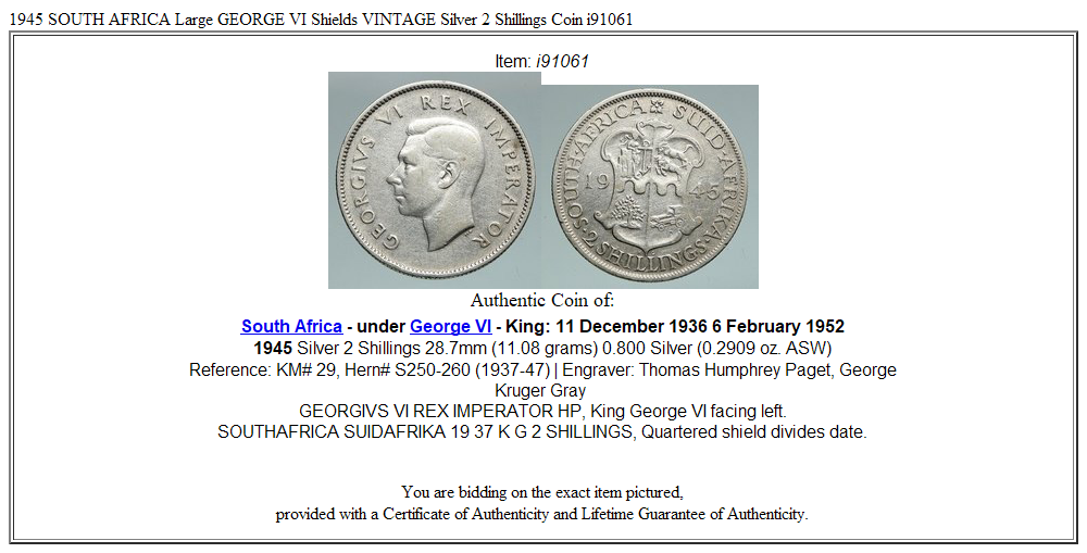 1945 SOUTH AFRICA Large GEORGE VI Shields VINTAGE Silver 2 Shillings Coin i91061