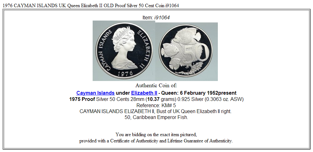 1976 CAYMAN ISLANDS UK Queen Elizabeth II OLD Proof Silver 50 Cent Coin i91064