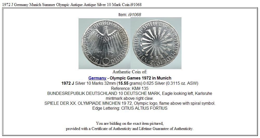 1972 J Germany Munich Summer Olympic Antique Antique Silver 10 Mark Coin i91068