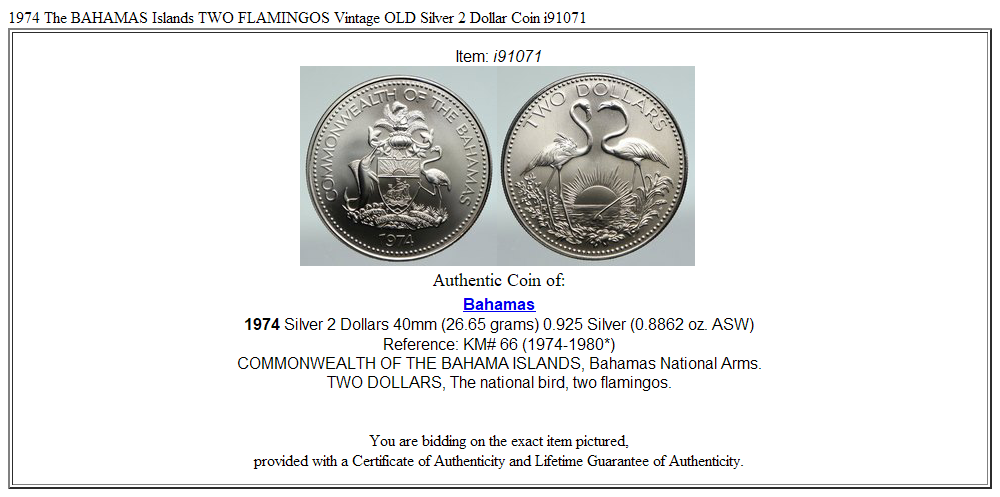 1974 The BAHAMAS Islands TWO FLAMINGOS Vintage OLD Silver 2 Dollar Coin i91071