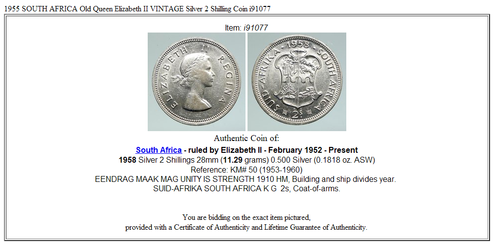 1955 SOUTH AFRICA Old Queen Elizabeth II VINTAGE Silver 2 Shilling Coin i91077