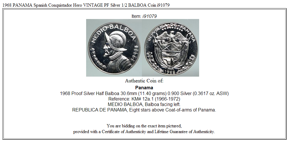 1968 PANAMA Spanish Conquistador Hero VINTAGE PF Silver 1/2 BALBOA Coin i91079