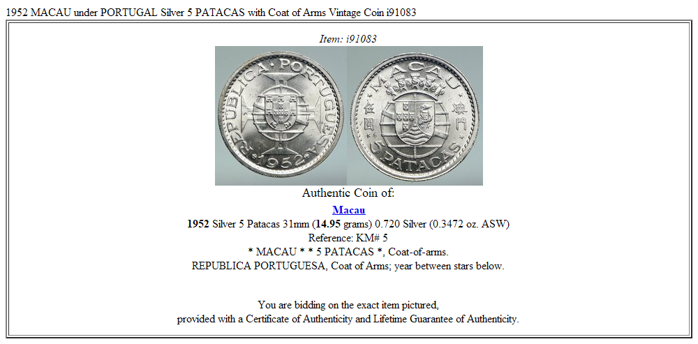 1952 MACAU under PORTUGAL Silver 5 PATACAS with Coat of Arms Vintage Coin i91083