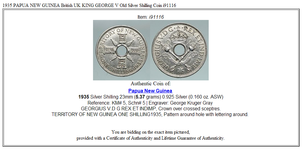 1935 PAPUA NEW GUINEA British UK KING GEORGE V Old Silver Shilling Coin i91116