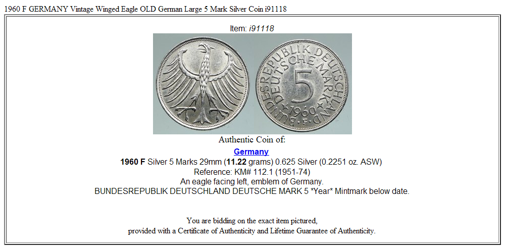 1960 F GERMANY Vintage Winged Eagle OLD German Large 5 Mark Silver Coin i91118