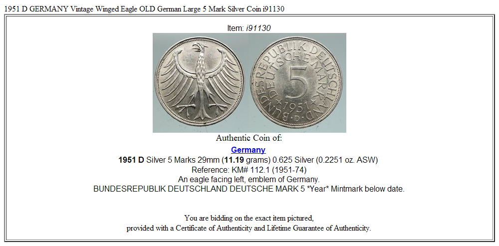 1951 D GERMANY Vintage Winged Eagle OLD German Large 5 Mark Silver Coin i91130