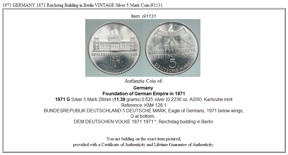 1971 GERMANY 1871 Reichstag Building in Berlin VINTAGE Silver 5 Mark Coin i91131