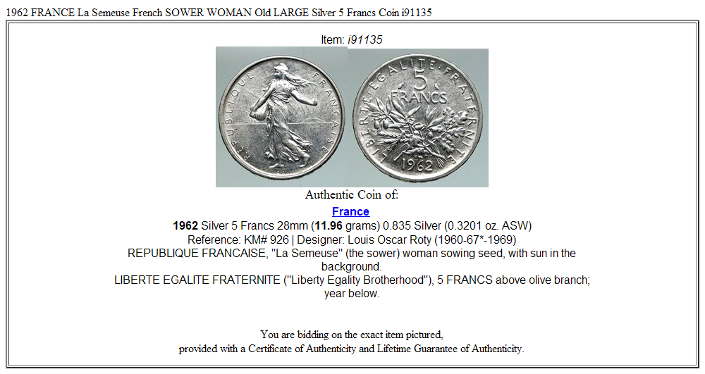 1962 FRANCE La Semeuse French SOWER WOMAN Old LARGE Silver 5 Francs Coin i91135