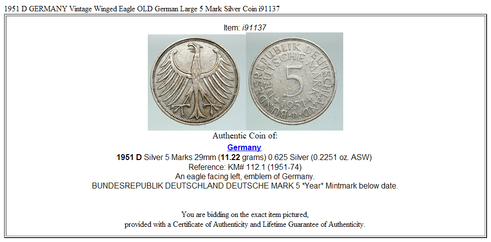 1951 D GERMANY Vintage Winged Eagle OLD German Large 5 Mark Silver Coin i91137