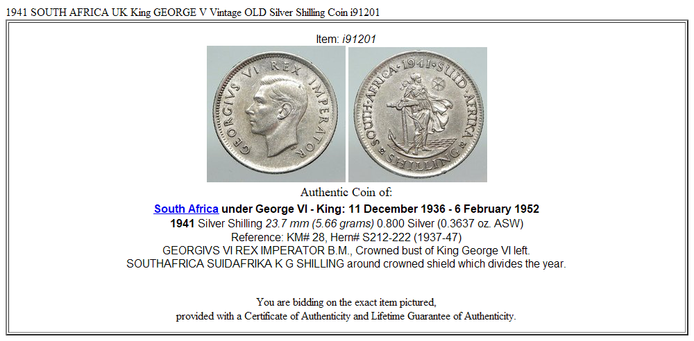 1941 SOUTH AFRICA UK King GEORGE V Vintage OLD Silver Shilling Coin i91201