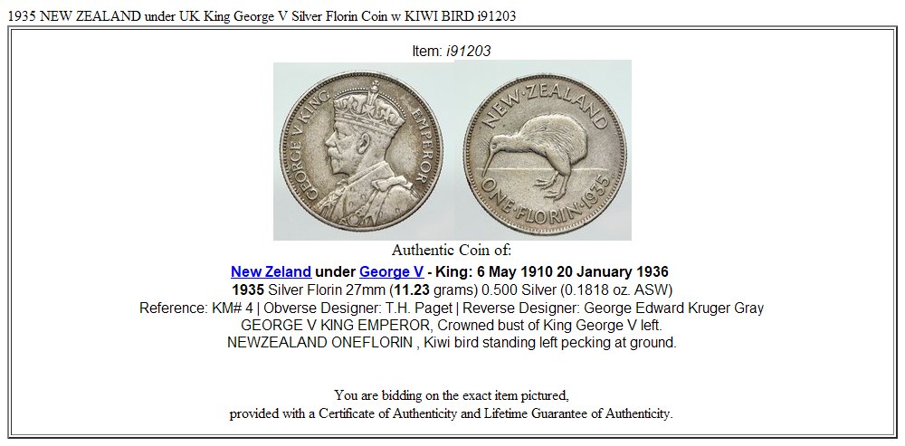 1935 NEW ZEALAND under UK King George V Silver Florin Coin w KIWI BIRD i91203