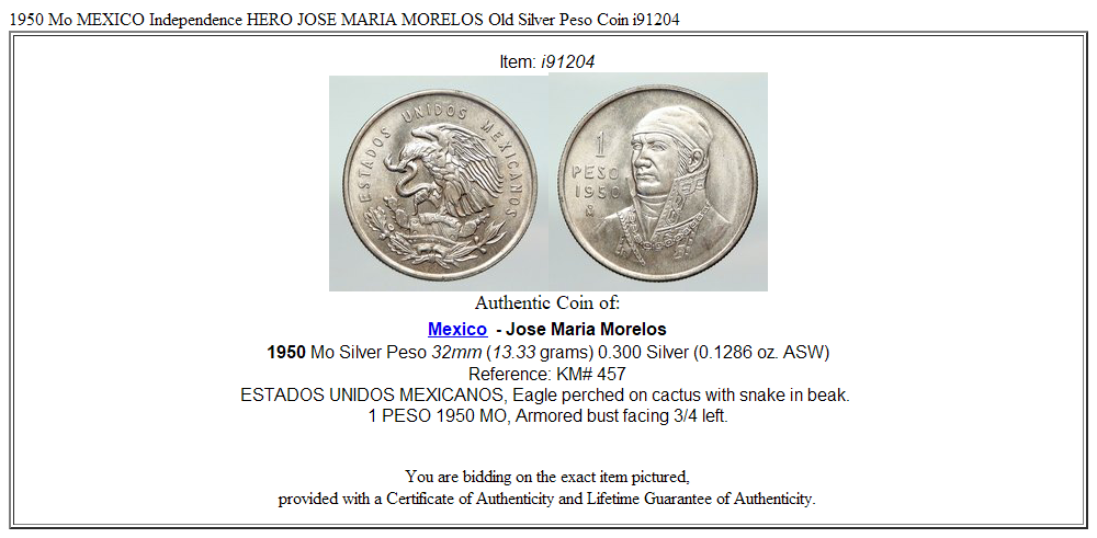 1950 Mo MEXICO Independence HERO JOSE MARIA MORELOS Old Silver Peso Coin i91204