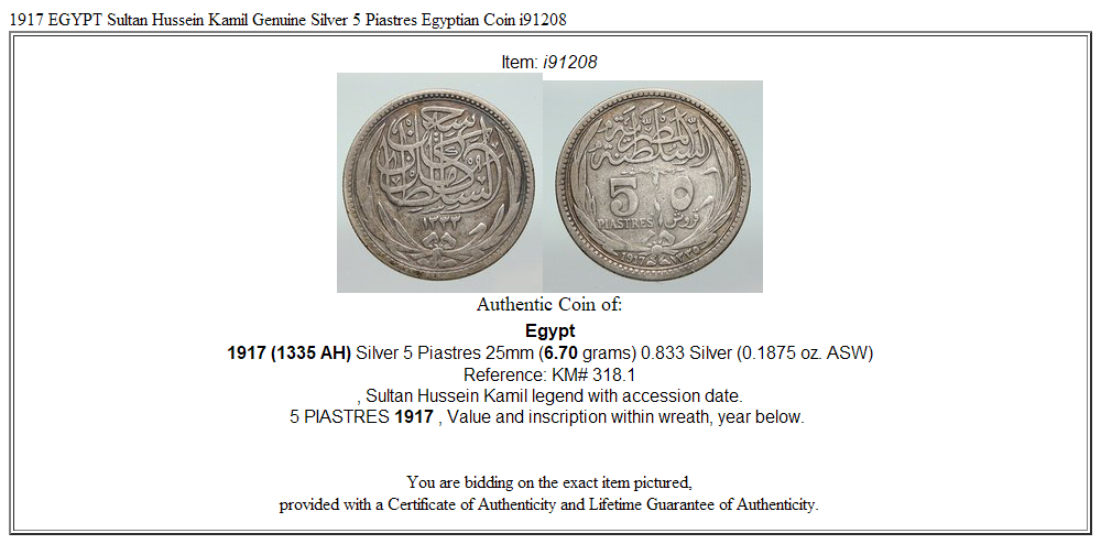 1917 EGYPT Sultan Hussein Kamil Genuine Silver 5 Piastres Egyptian Coin i91208